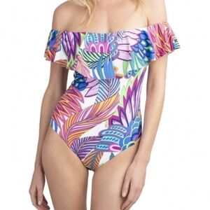 Trina Turk Paradise Plume Off The Shoulder Ruffle One Piece Swimsuit Size 14